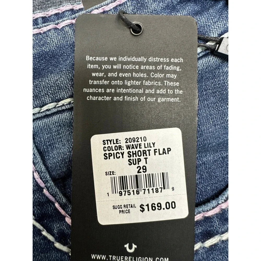 True Religion Spicy Short Flap Super T Denim Shorts Wave Lily Blue‎ W29 NEW